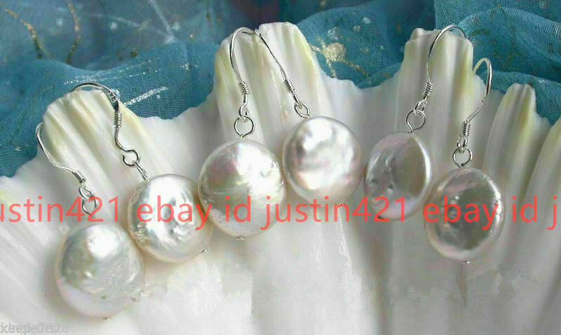 3 Pair Fashion 12-13mm White Baroque Coin Pearl 925 Silver Hook Earrings AAA