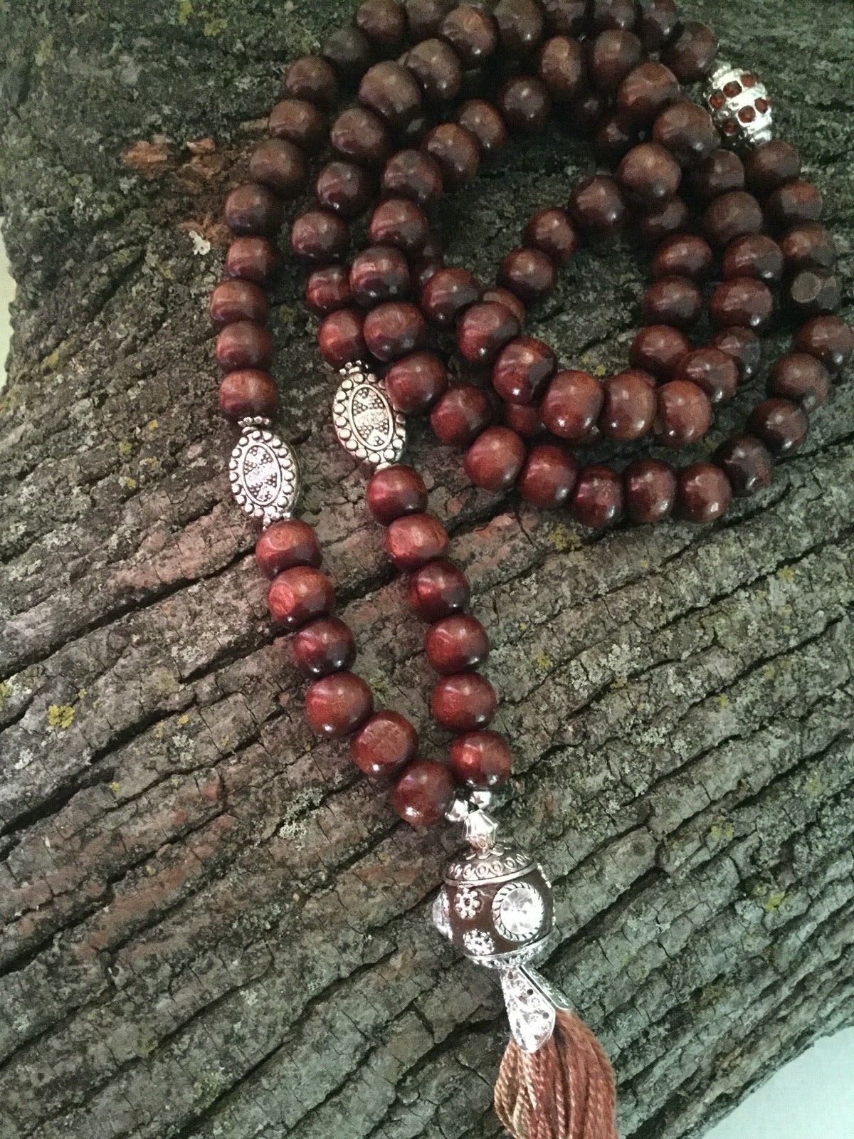 Brown Handmade Wood Mala 108 Beads Light Wood Mala with Indonesian Beads