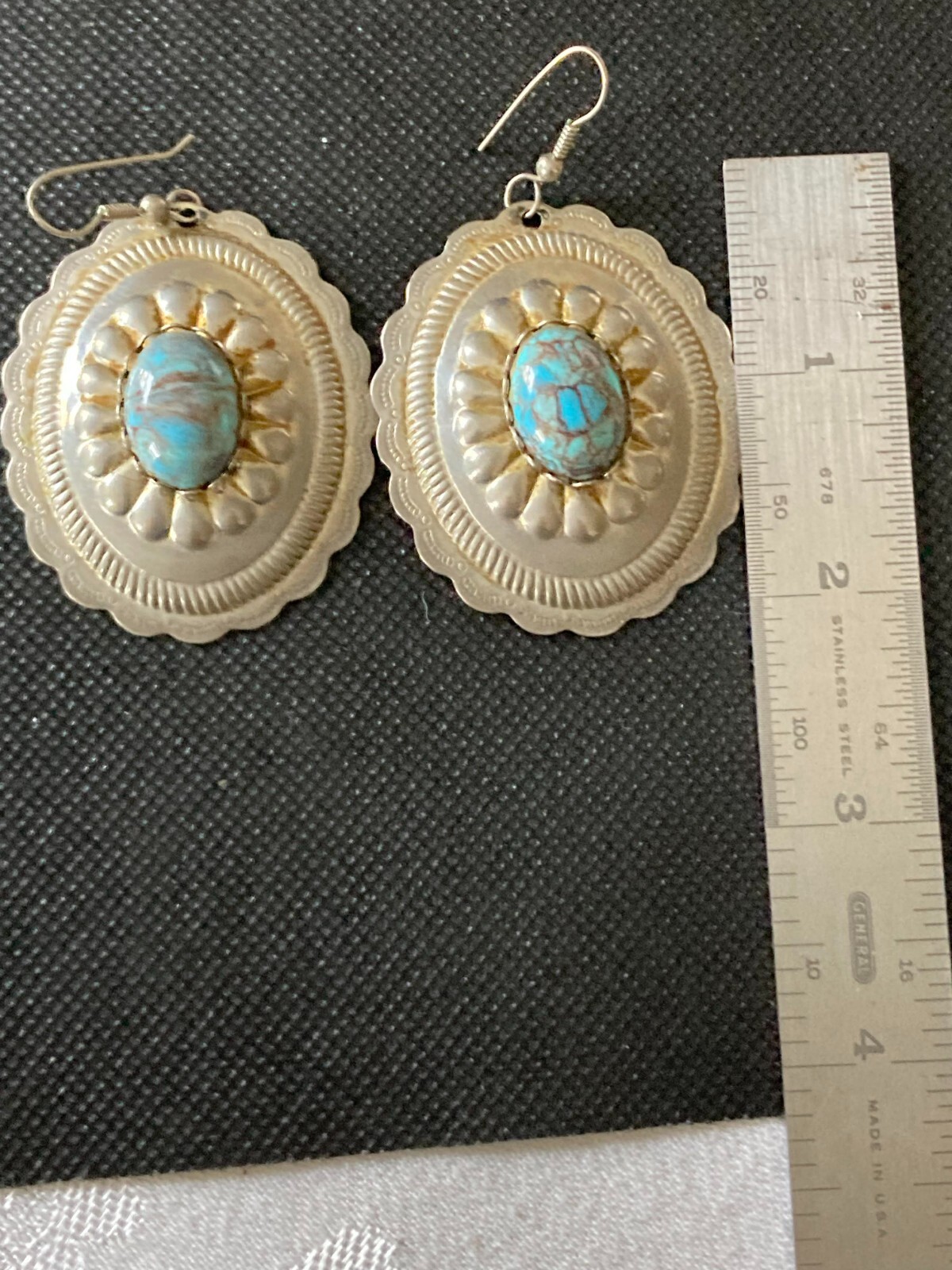 Earrings Native Inspired Stamped Tin and Turquoise Glass Cabochons 2″ Hooks
