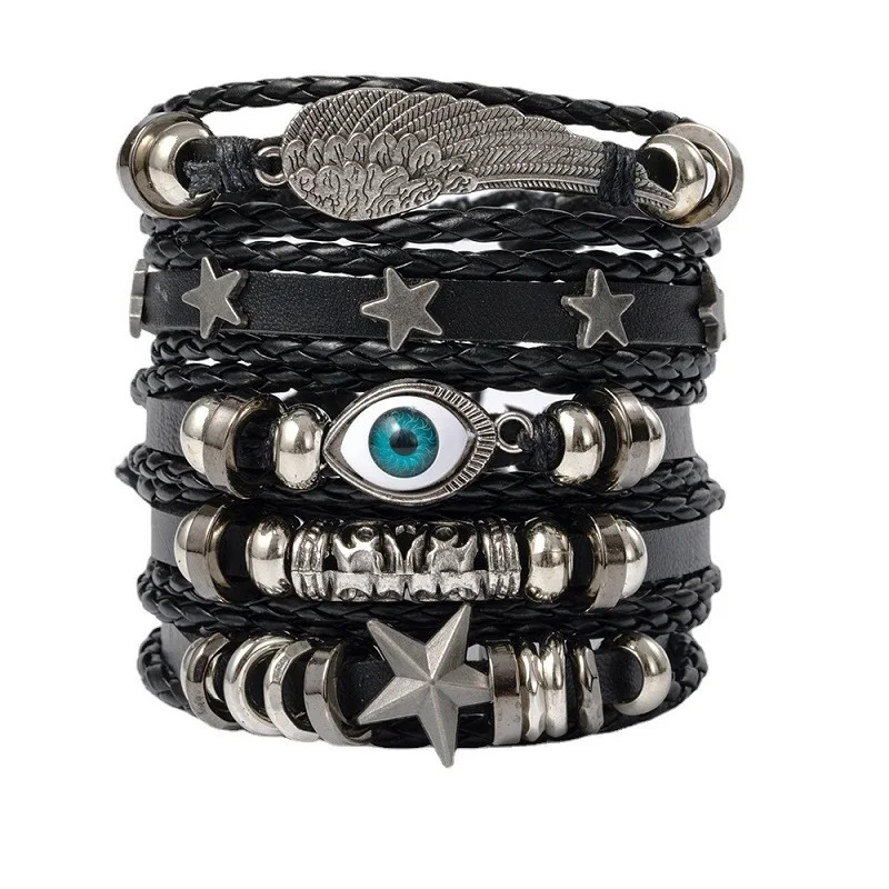 Gothic Bracelet Punk Multilayer Leather Set Skull Eye Star Charms Hiphop Rock