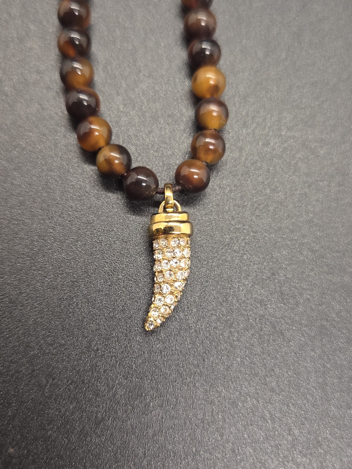 BaubleBar Tiger’s Eye Beaded Necklace Gold Tone Pavé Horn Crescent Pendant 18″