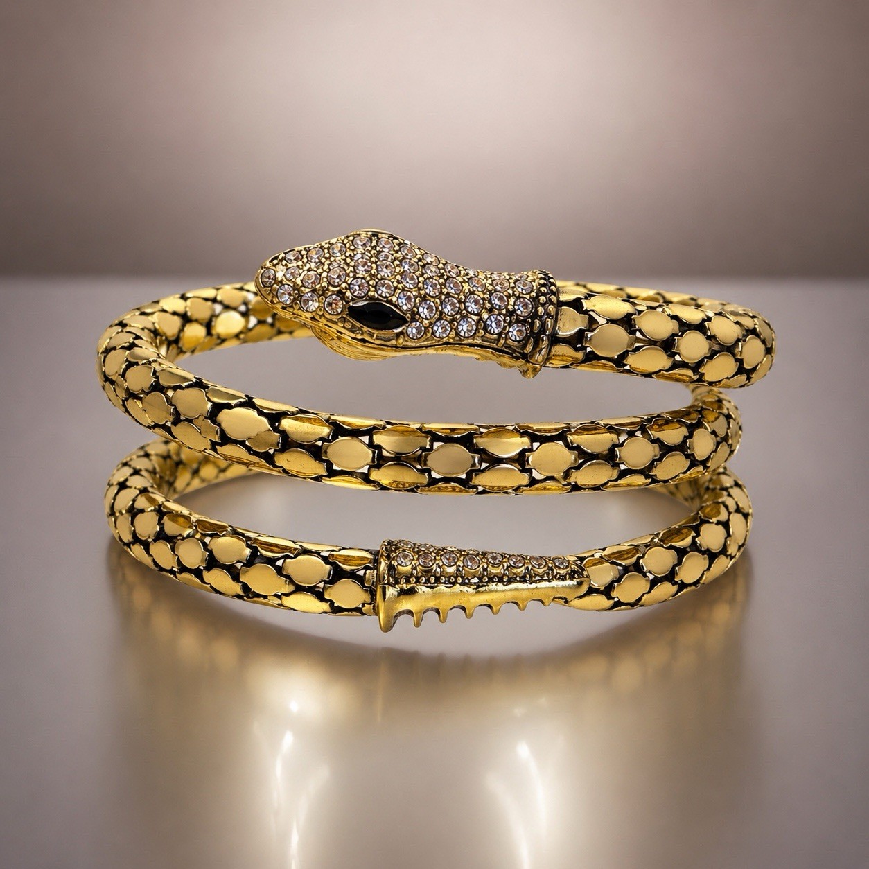 Vintage Gold Tone Mesh Snake with Clear Rhinestones Wrap Statement Bracelet