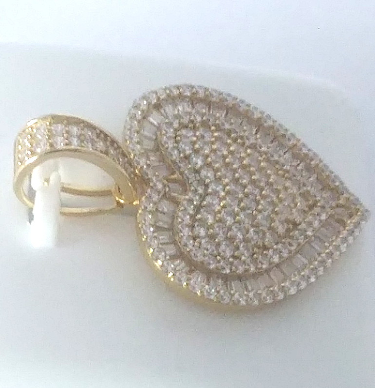 925 STERLING SILVER CZ micro pave FANCY HEART PENDANT Gold Plated 30X21mm