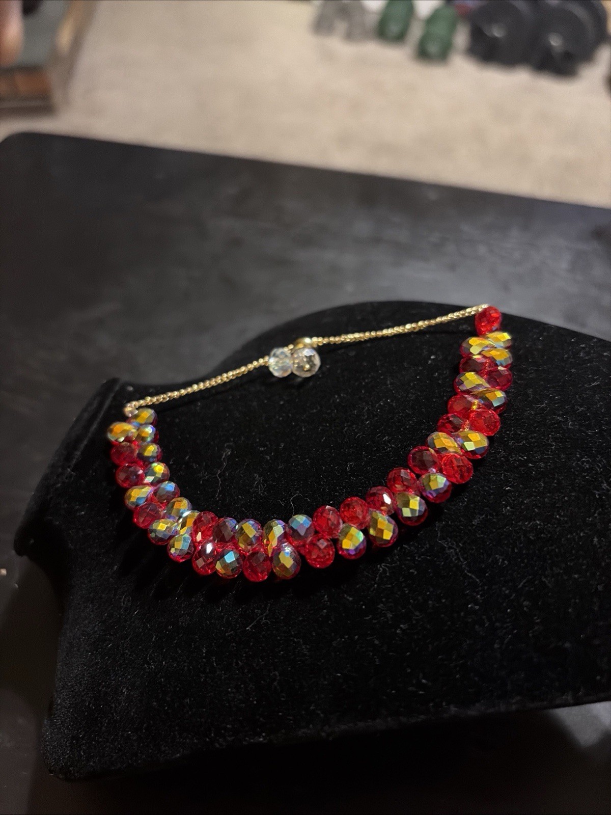Aurora Borealis Blingy Red Beaded Bracelet Women Shiny Stone Adjustable Jewelry