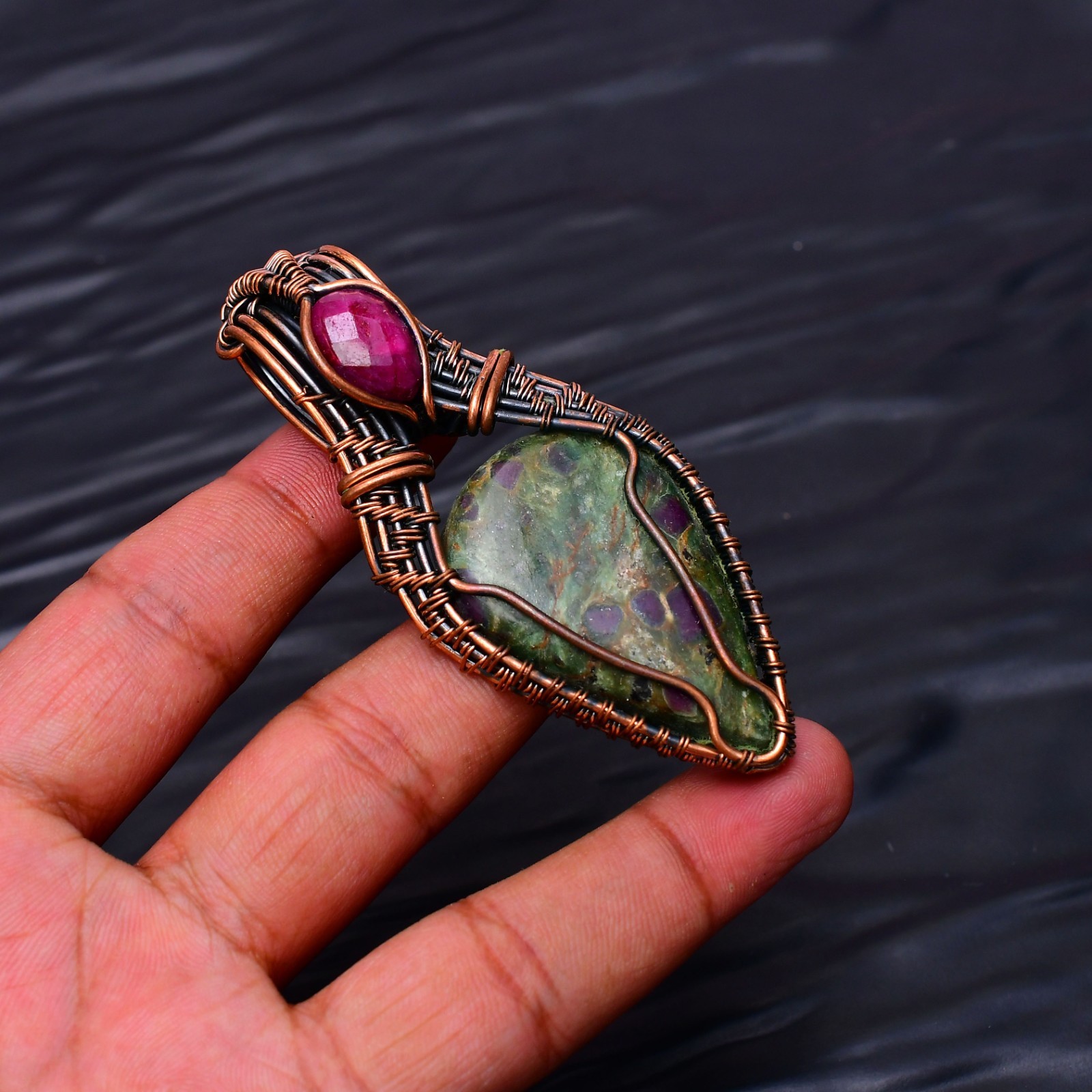 Ruby Fuchsite Gemstone Copper Wire Wrapped Handmade Jewelry Pendant 2.91″