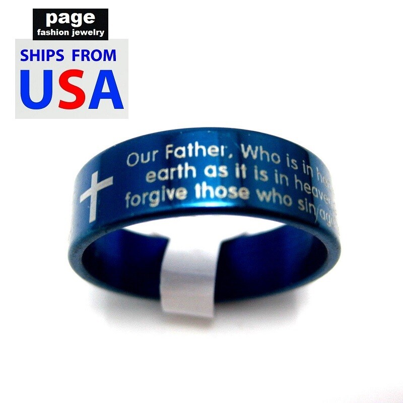 USA Seller- Lord’s Prayer (English) Blue Stainless Steel Rings Sizes 6 – 12.5