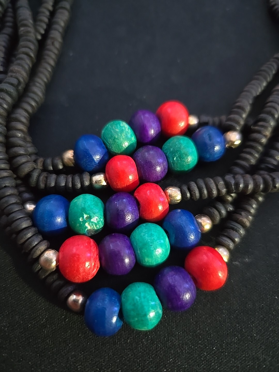 Beautiful Multicolor Tribal Beaded Necklace With Gold Tone Hook- Red Blue Green