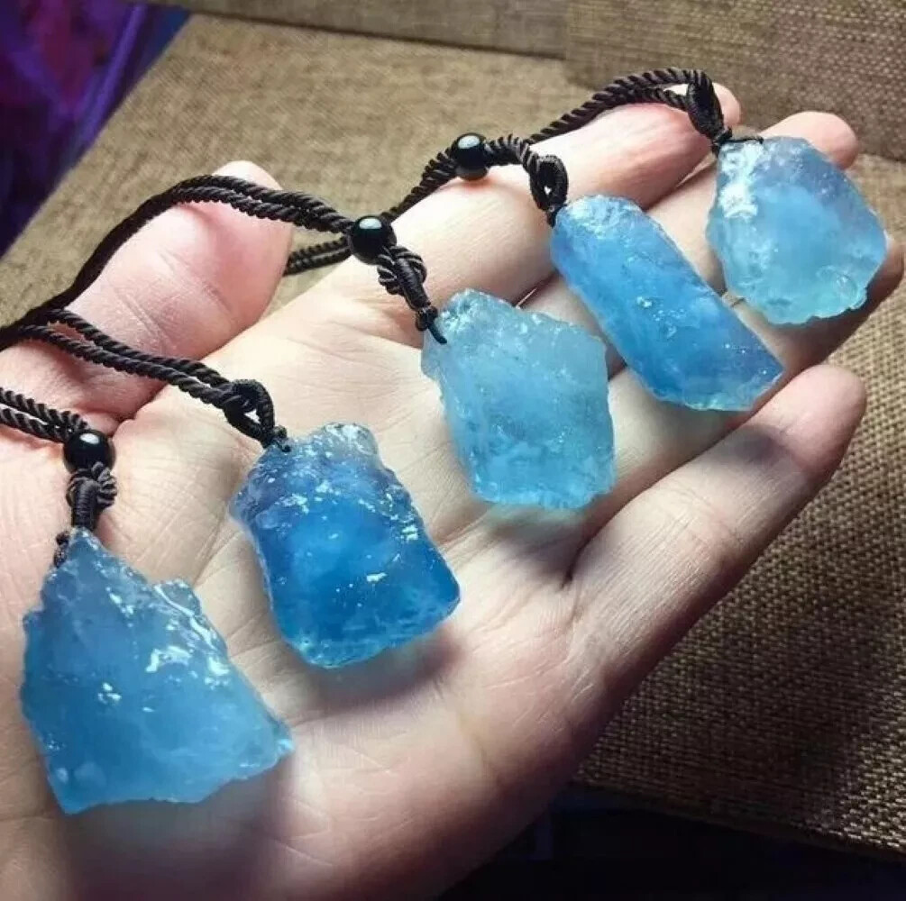 Raw Aquamarine Pendant Blue Rough Stone Crystal Cord Jewelry Women Men Gift