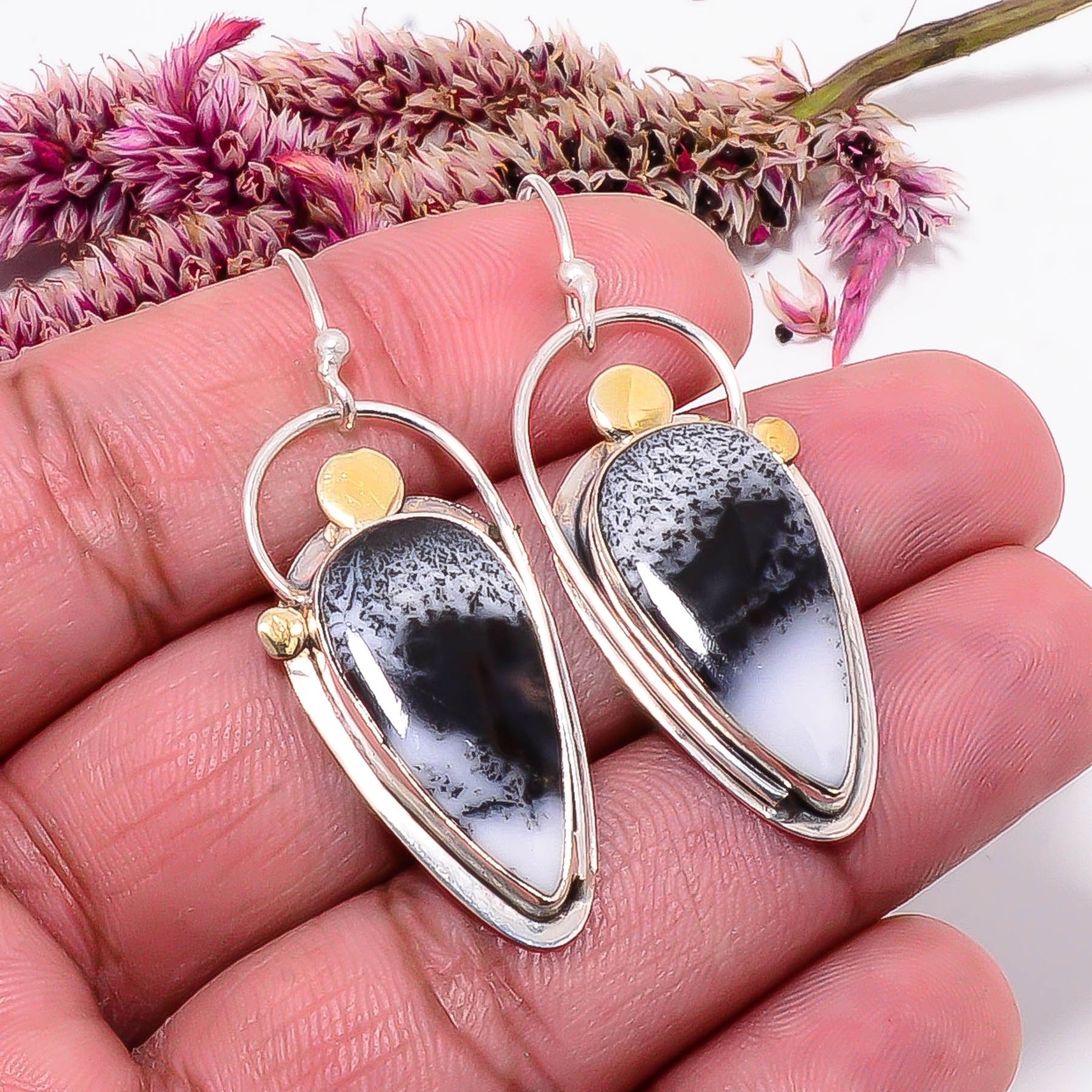 Merlinite Dendritic Opal -Brazil 925 Sterling Silver Two Tone Earring 1.87″ E3