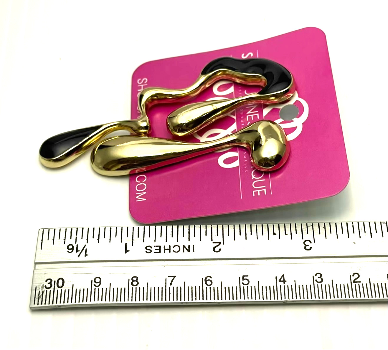 Sassy Jones Boutique Earrings Asymmetrical Teardrop Gold Tone Black Enamel Bold