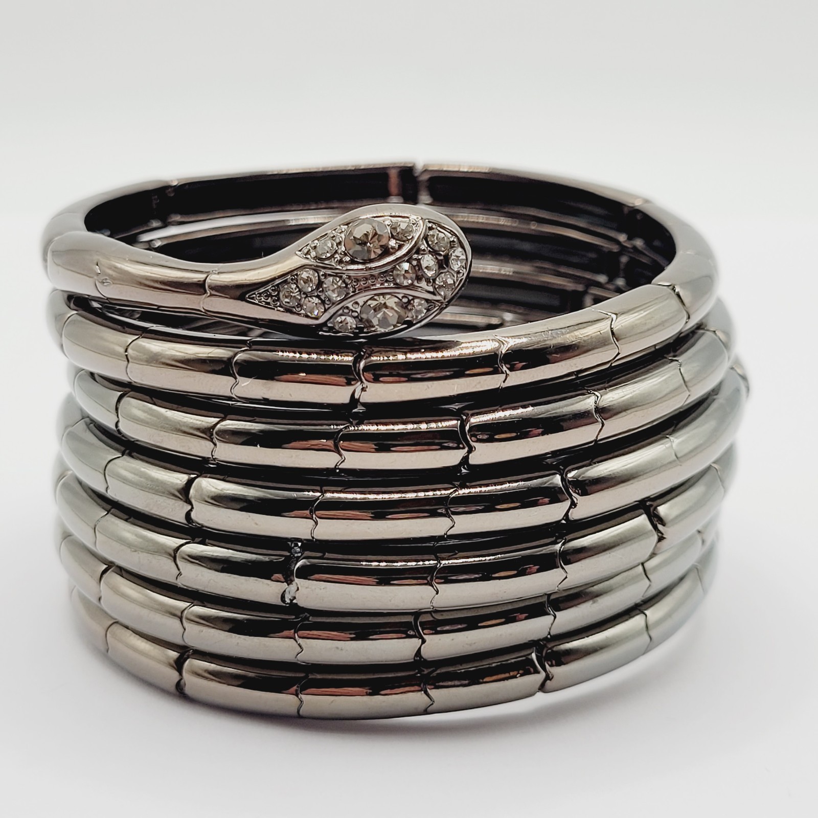 Snake Rhinestone Eyes Wide 7 Band Wrap Dark Shiny Gunmetal Tone Modern Bracelet
