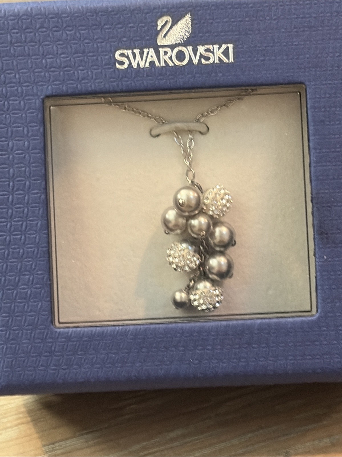 Authentic Swarovski Pave Crystal & Gray Pearl Cluster Pendant Necklace NIB $95