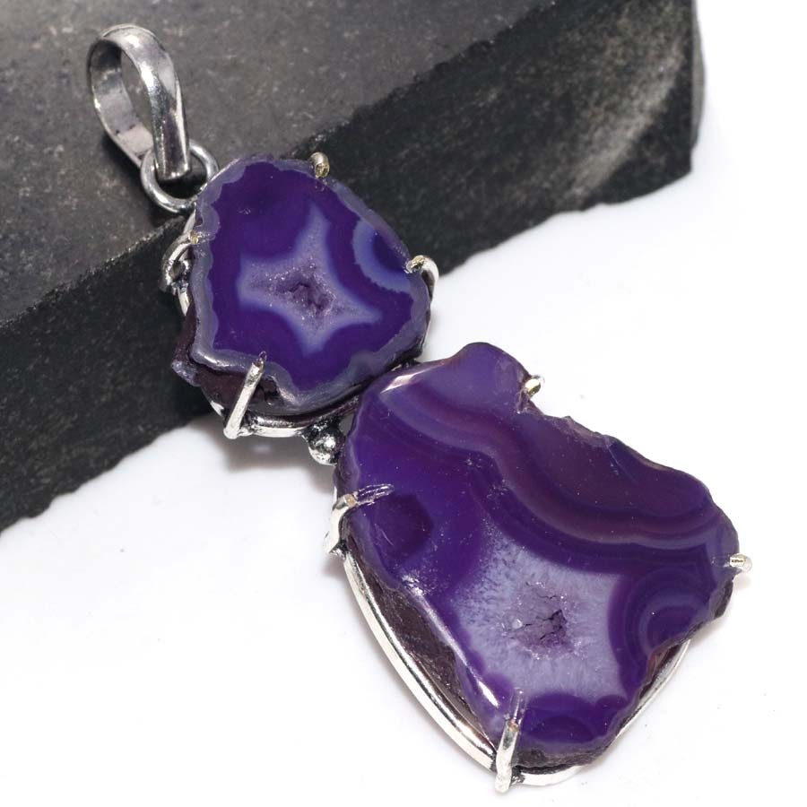 925 Silver Plated Long Purple Botswana Druzy Slice Pendant 2.4″ Gift Trendy GW