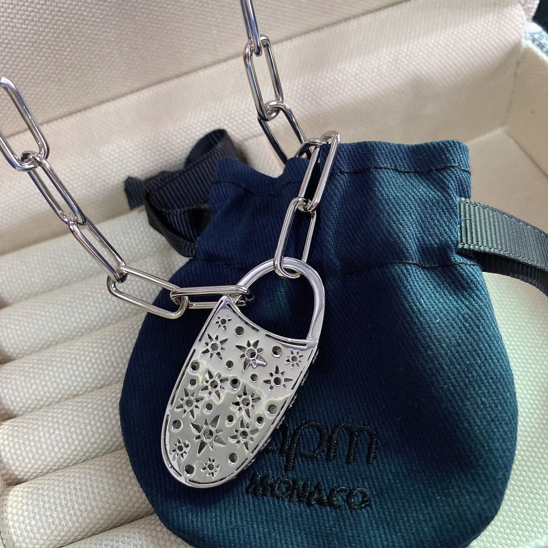 APM Monaco Evil Eye Crystal Padlock Chain Necklace Silver Tone Statement Jewelry