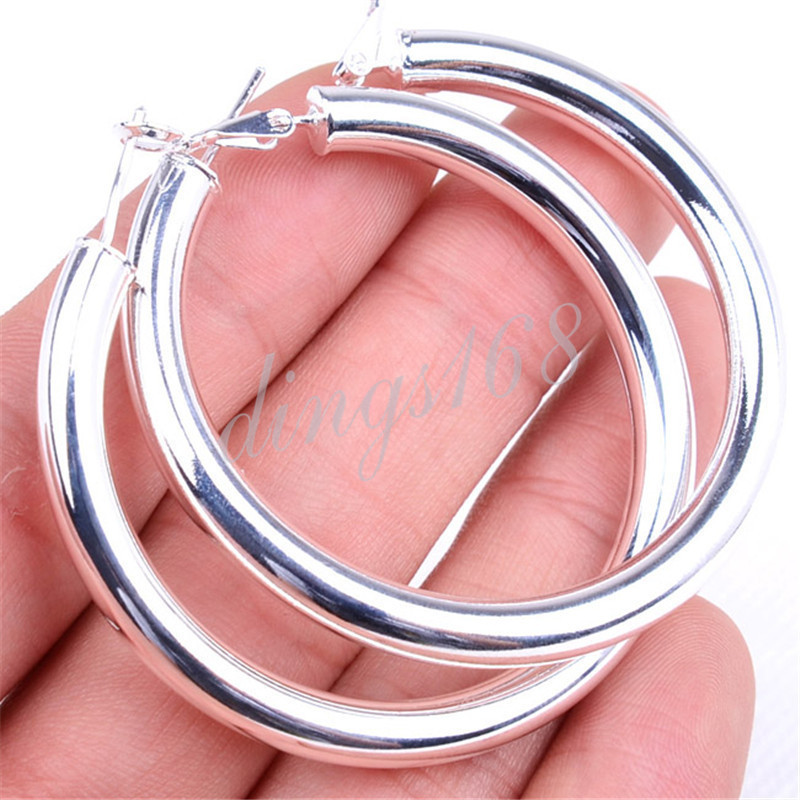 Classic Ladies 925 Sterling Silver 2 inch Large Round Hoop Fashion Earrings H792