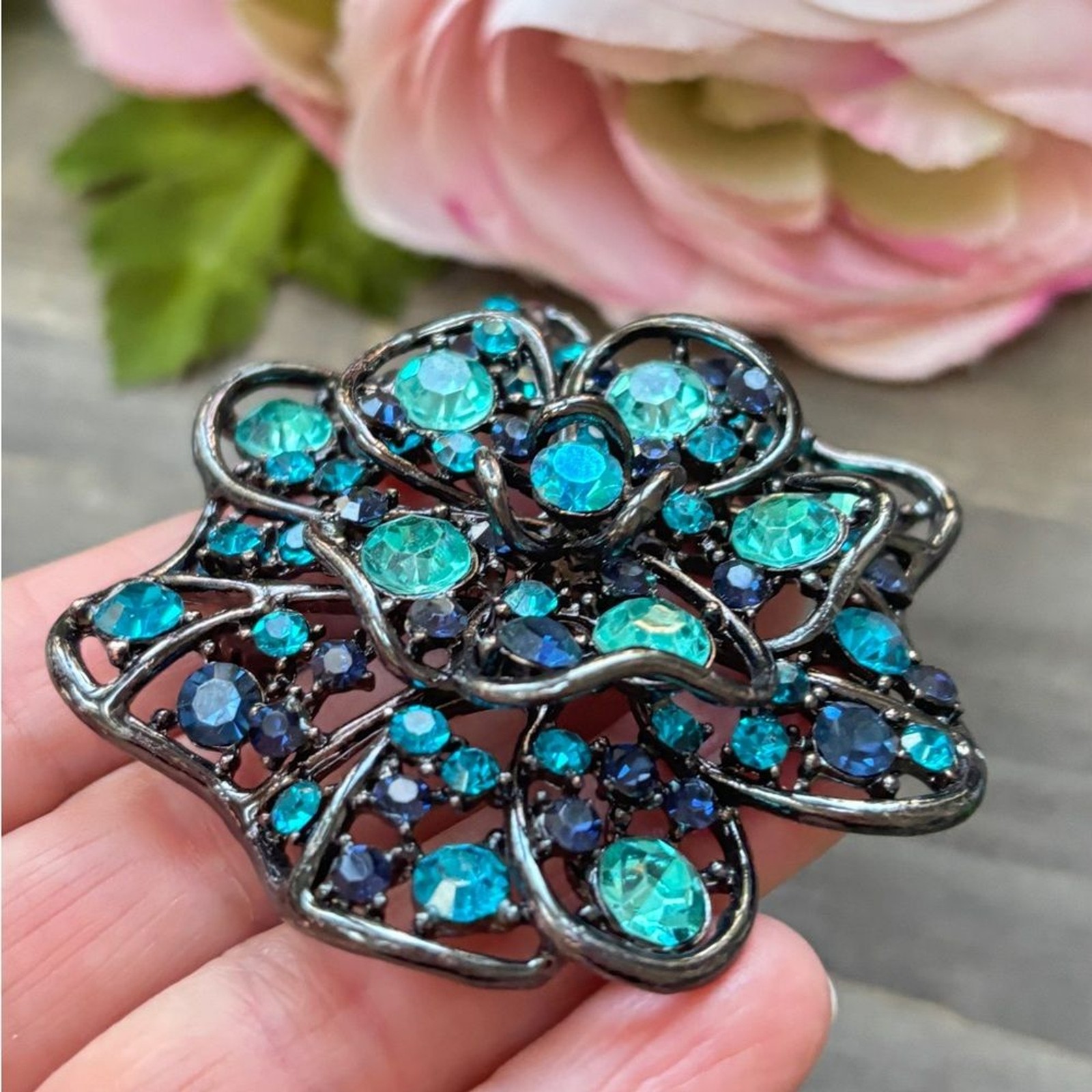 Large Blue and Teal Rhinestone Brooch with Rhodium Finish