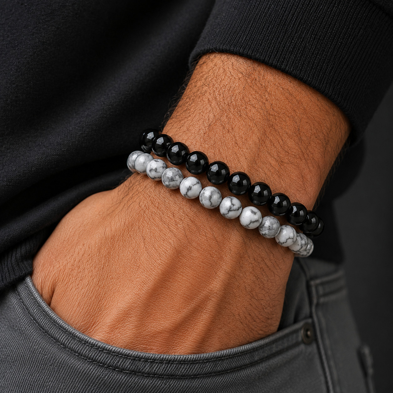 x2 Men’s Black Onyx & White Howlite Beaded Bracelet Natural Stone Stretch 8mm