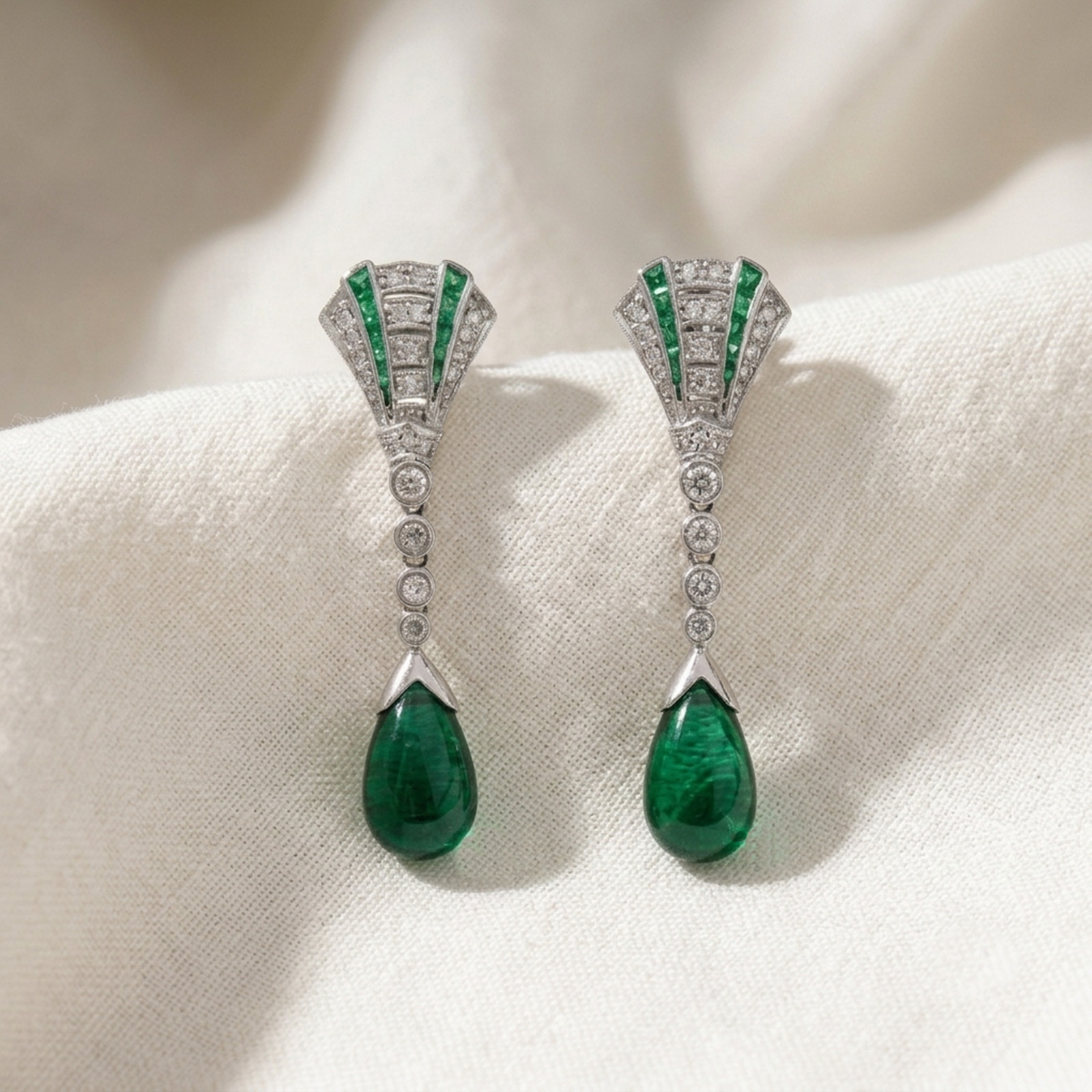 Green Baguette & Round Cut Simulated Diamond 14K Gold Art Deco Teardrop Earrings