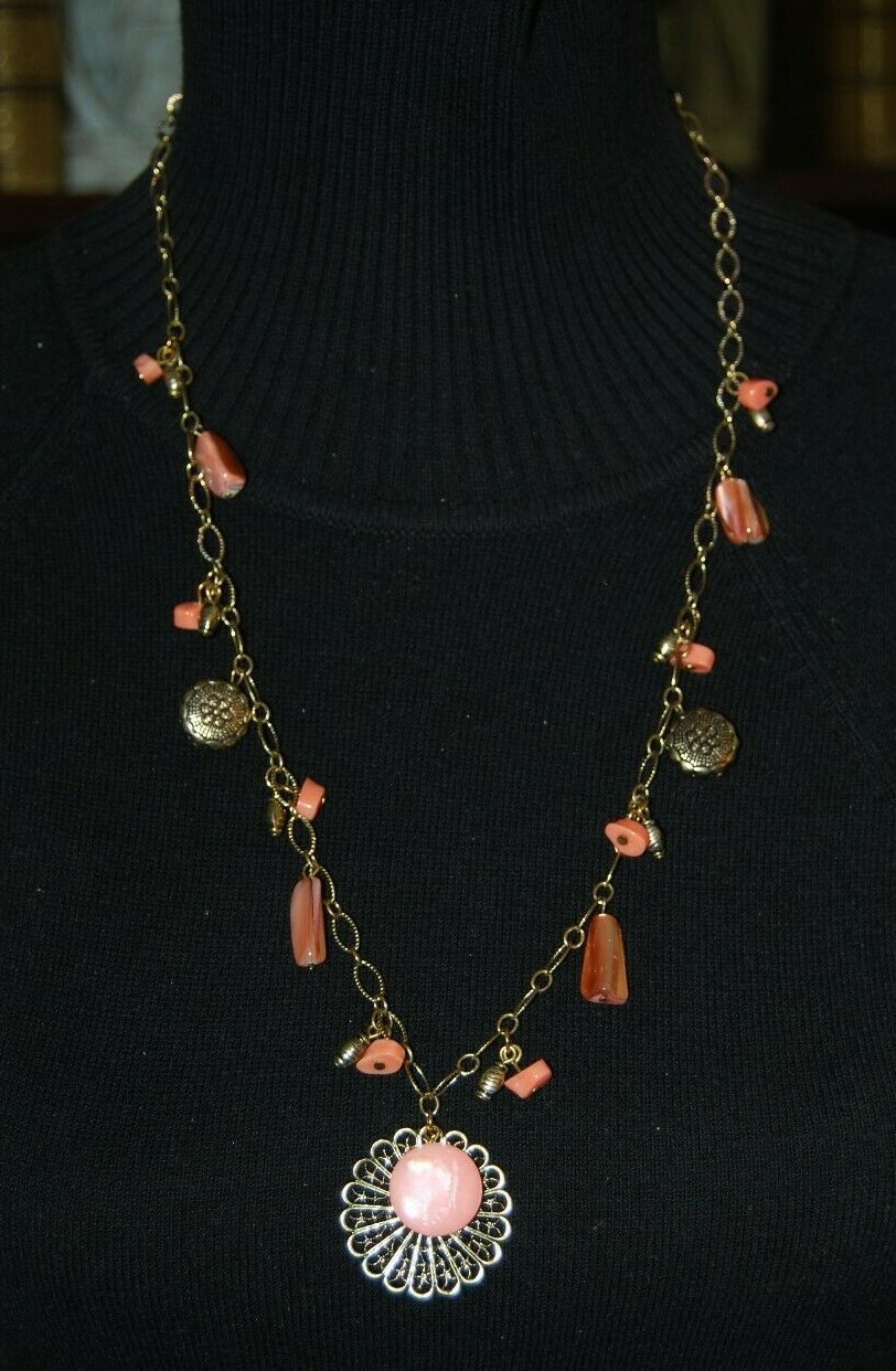 Gold Toned Metal Chain With Peach Color Stones & Charms Statement Long Necklace