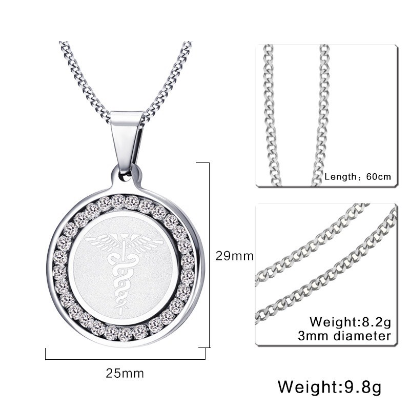 Silver Women Men Medical Alert ID Necklace Pendant Cubic Zirconia Free Engraving