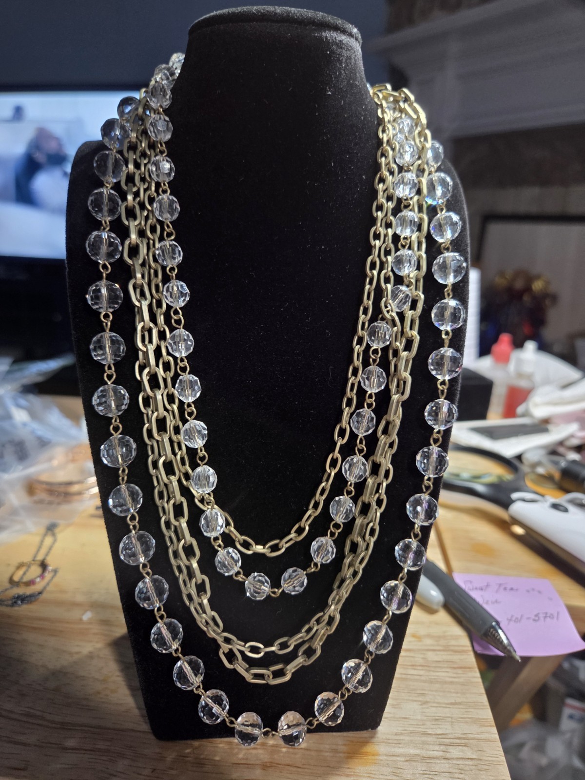 5 Strand Gold Tone Paperclip Chain Clear Acrylic Bead Layered Necklace 16-22″
