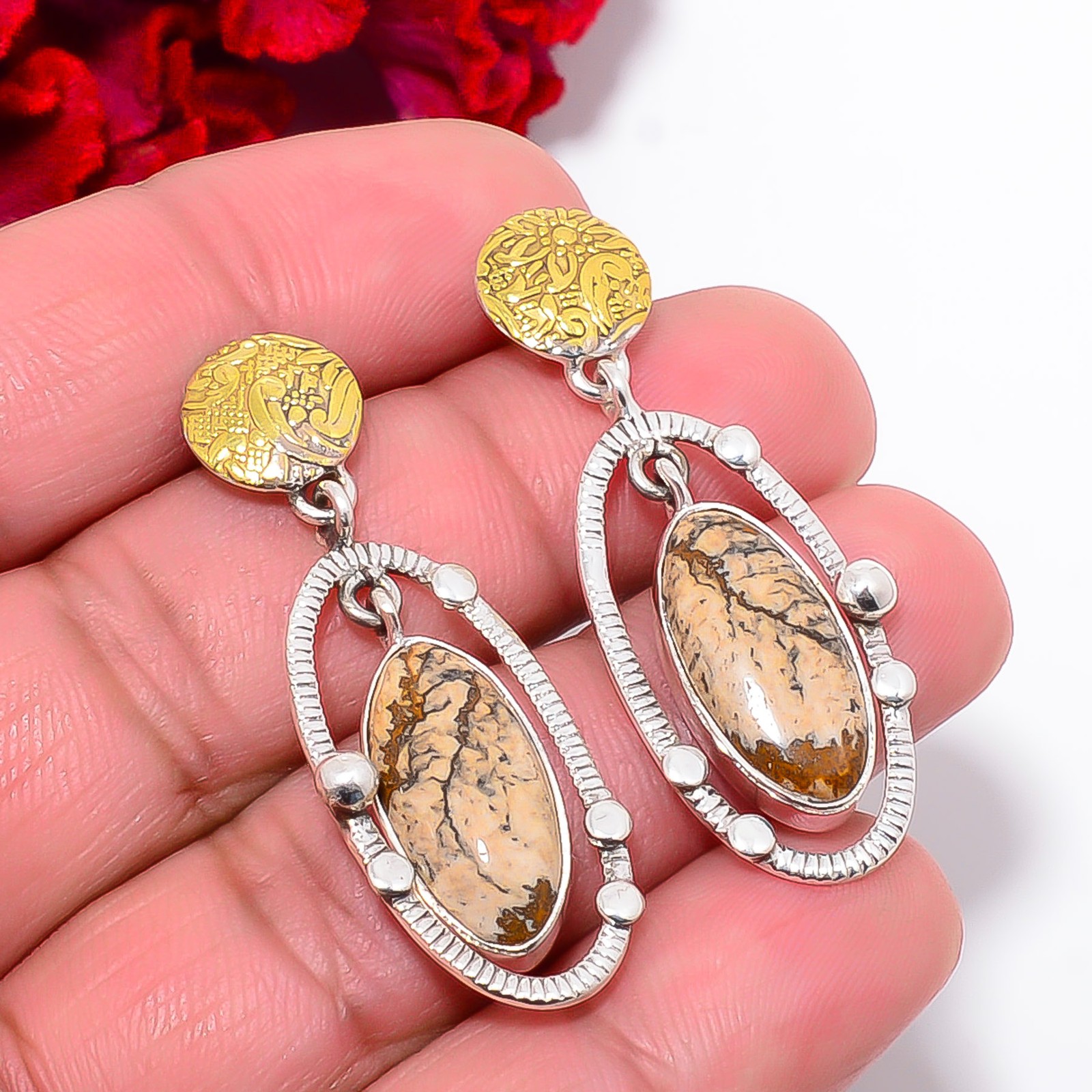 Picture Jasper – Oregon 925 Sterling Silver Two Tone Earring 1.76″ E103036