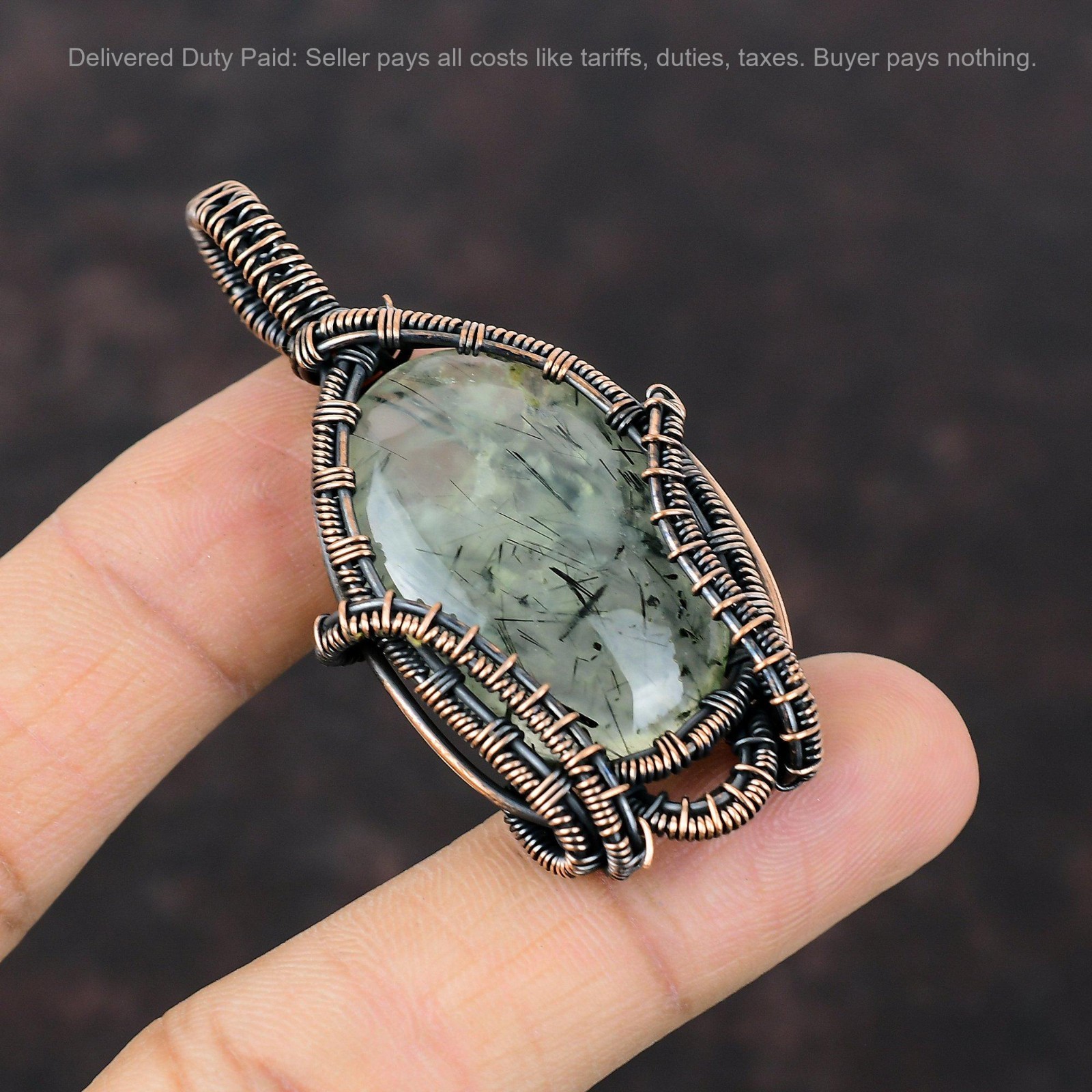 Thanks Giving Day Sale Moss Prehnite Stone Wire Wrapped Sister Pendant Copper