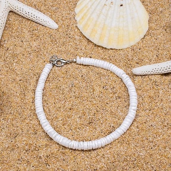 10″ Puka Shell Anklet Adjustable Ankle Bracelet for Women Summer Natural Cowrie