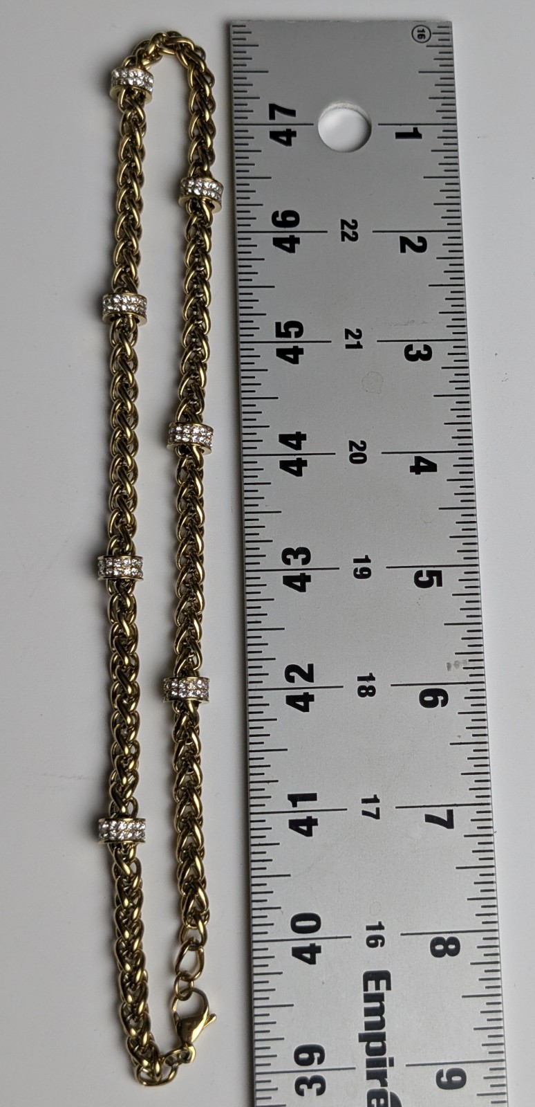 JCM Stainless Steel Gold Tone Wheat Chain Necklace Crystal Accents 18″