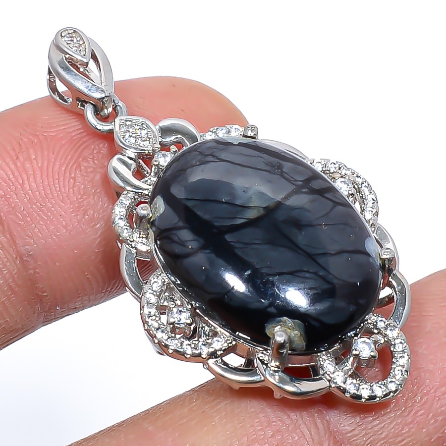 Picasso Jasper & Cz 925 Sterling Silver Jewelry Handmade Pendant 1.7″ T32