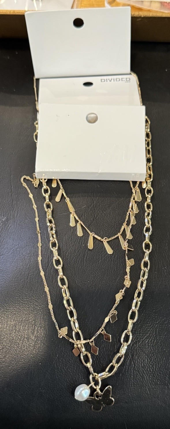 Lot of 3 H&M Gold Tone Fashion Necklaces Charm Layered Chain Pendant NWT