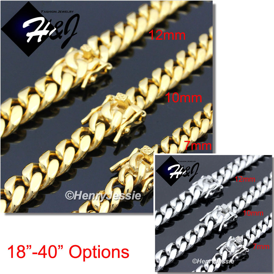 18-40″MEN Stainless Steel 7/10/12mm Silver/Gold Plated Miami Cuban Curb Necklace