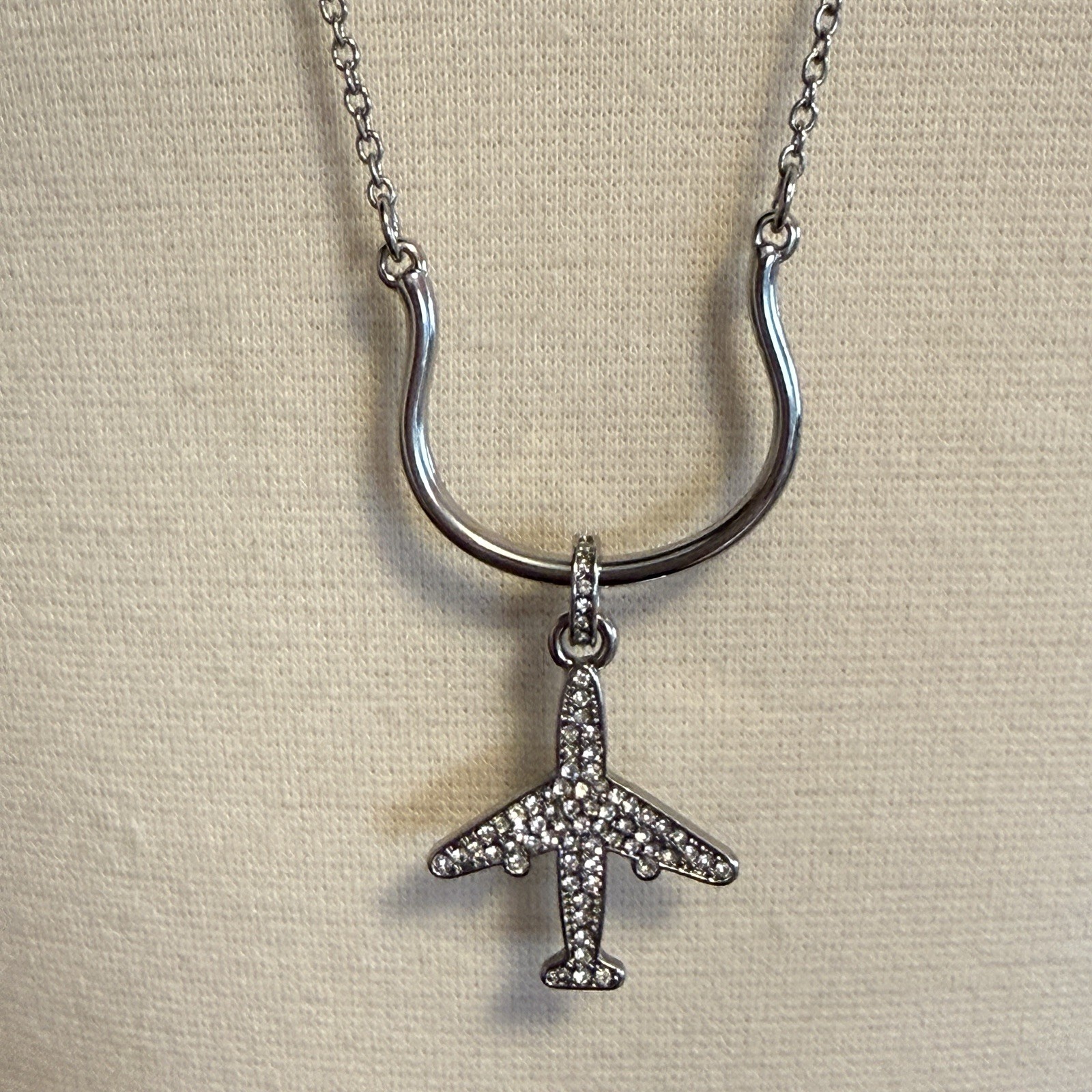 White House Black Market Airplane Necklace CZ Silver Tone WHBM Airplane Necklace