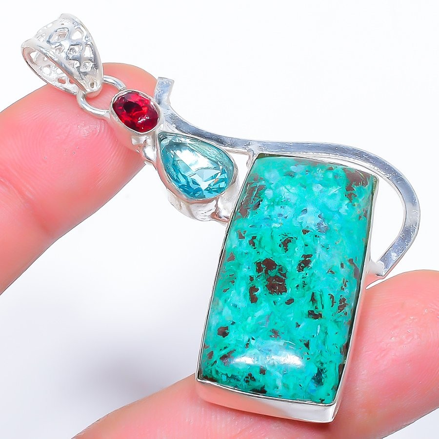 Tibetan Turquoise Gemstone 925 Silver Plated Pendant 2.6″ LP-2009
