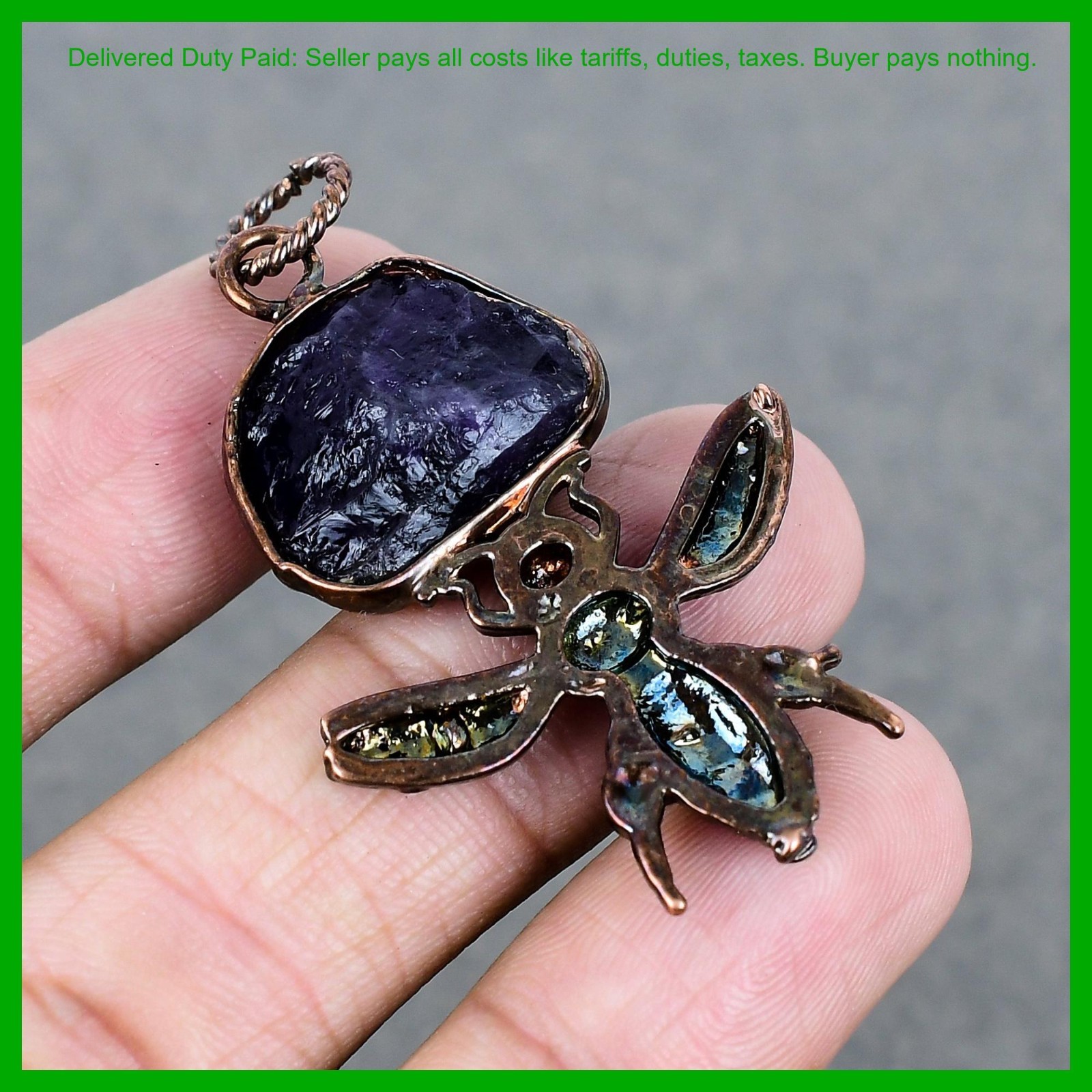 Pentagon African Amethyst Rough Gemstone Artisan Wedding Pendant Jewelry Copper