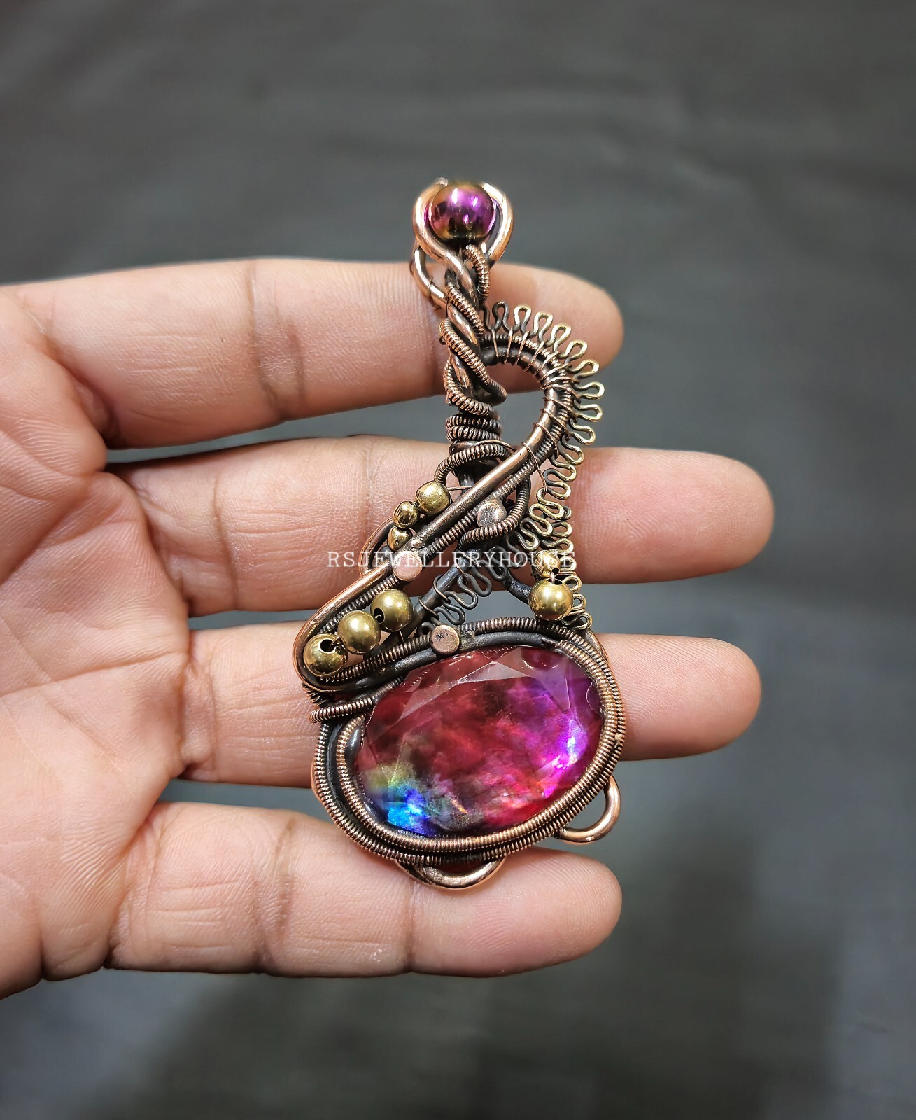 Ammolite Pendant Copper Wire Wrapped Pendant Ammolite Gemstone Pendant Jewelry