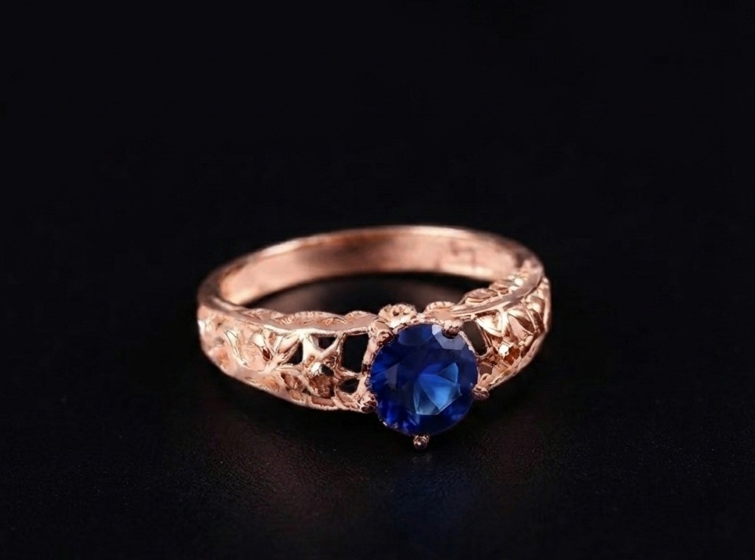 Vintage Rose Gold Filigree Blue Sapphire Ring, Art Deco Engagement Ring