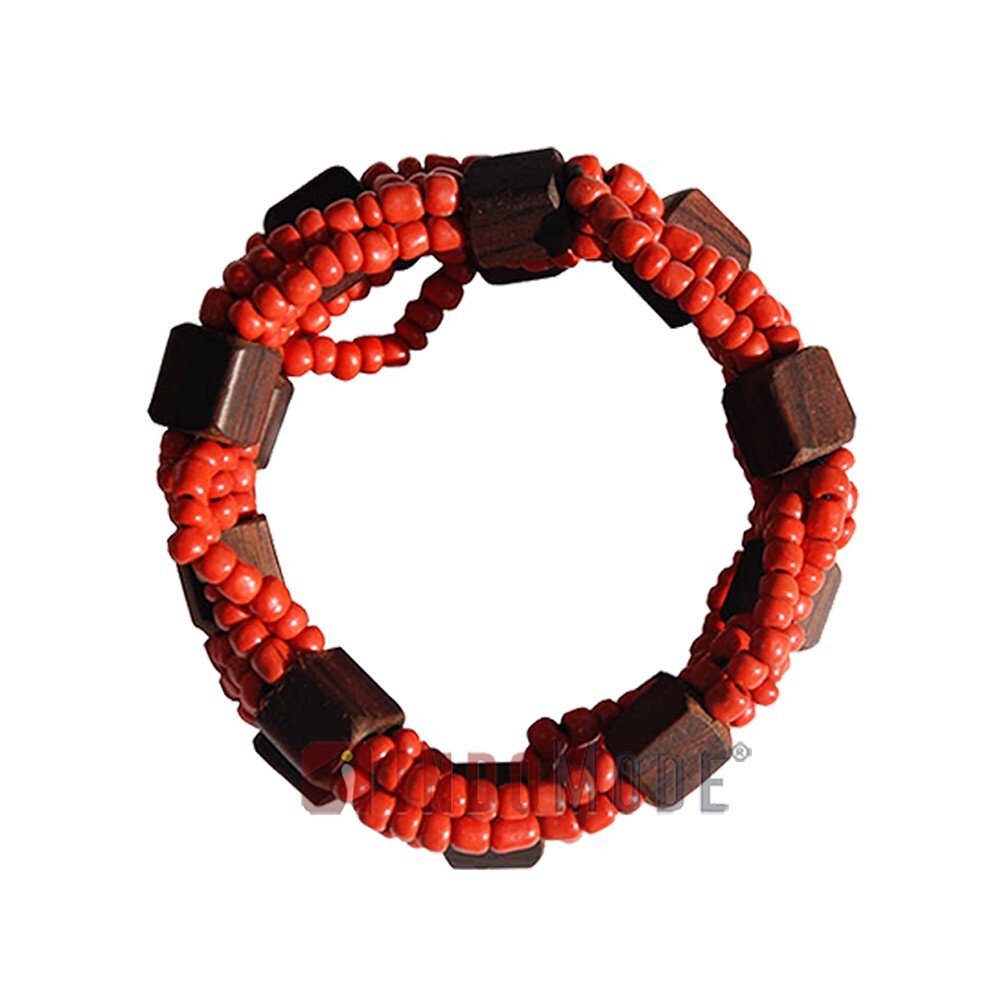 Beautiful RED 10-Strand Elastic Glass Beaded Bracelet With Dark Hard Wood Bead