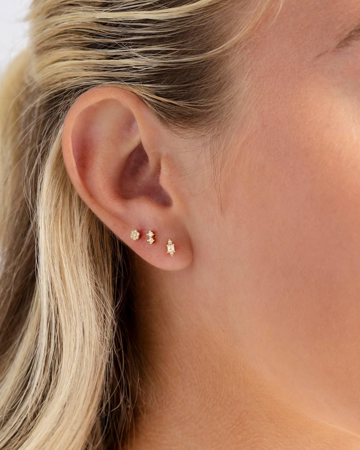 14K Gold Plated Sterling Silver Posts Dainty Mini Multi-Shape Flat Back Stud Ear