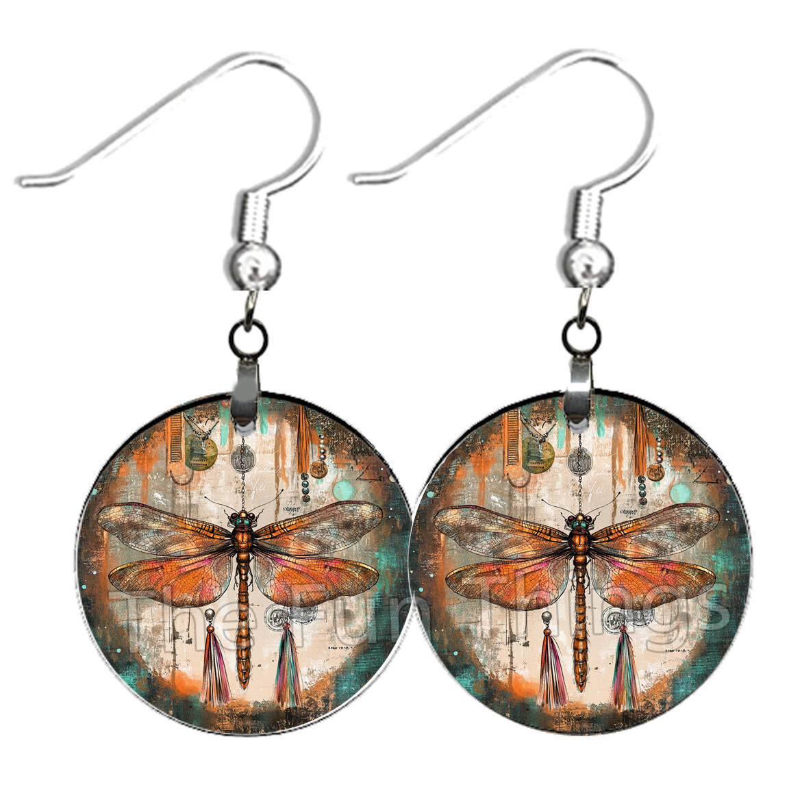 Bohemian Boho Dragonfly Earrings Watercolor Art NO TARNISHING Wood Dangle