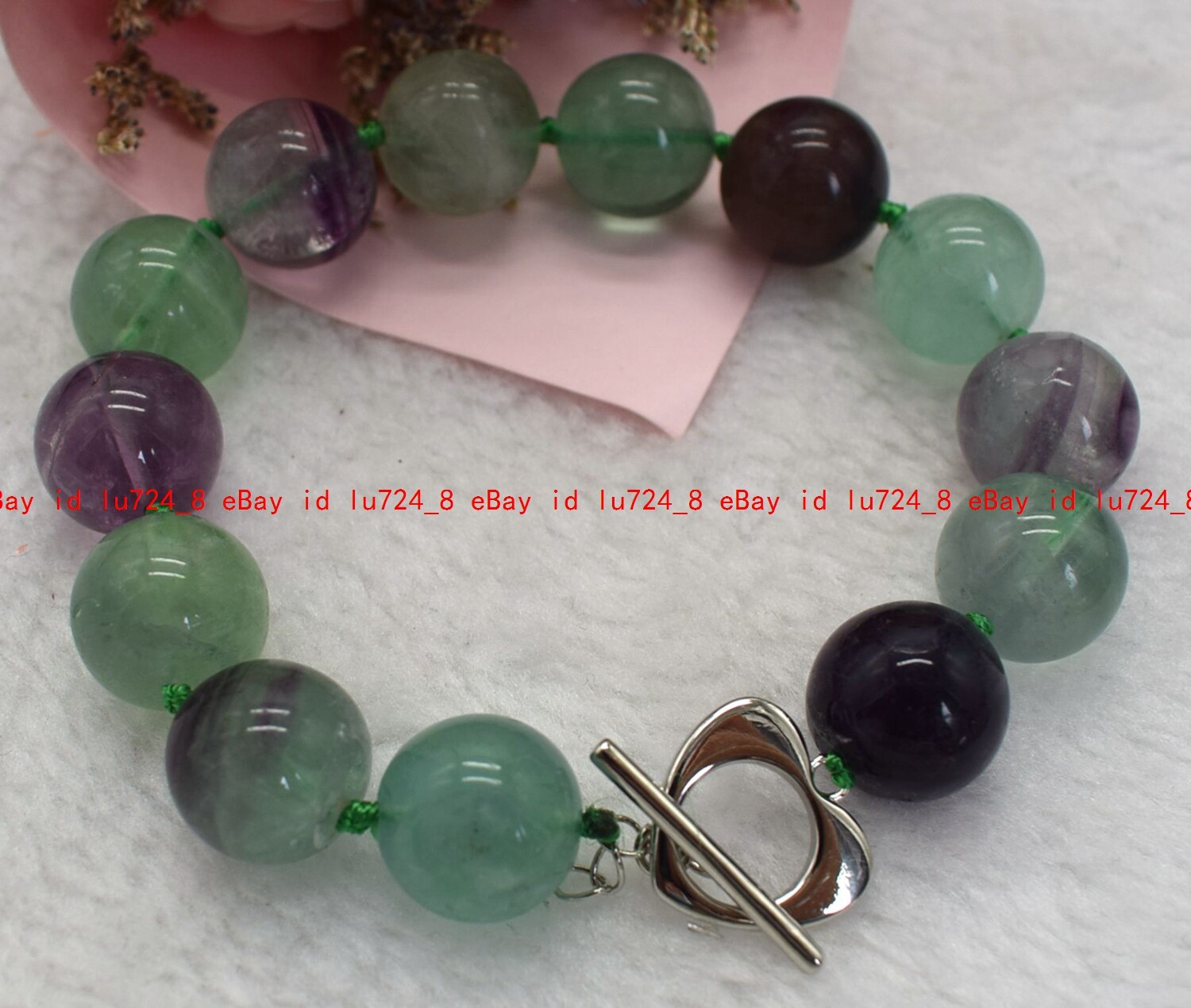 Natural Multicolor Fluorite Gems Round Beads Silver Love Clasp Bracelet 7.5″