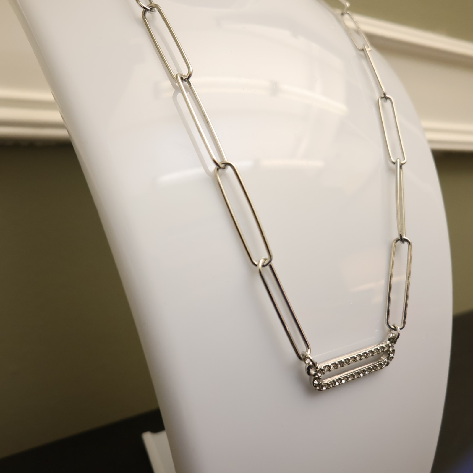 Marlyn Schiff necklace paperclip chain silvertone w crystals signed nickel free