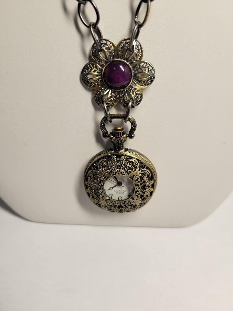 Amy Kahn Russell Pocket Watch Necklace 36” Bronze Floral READ DESCRIPTION PLEASE