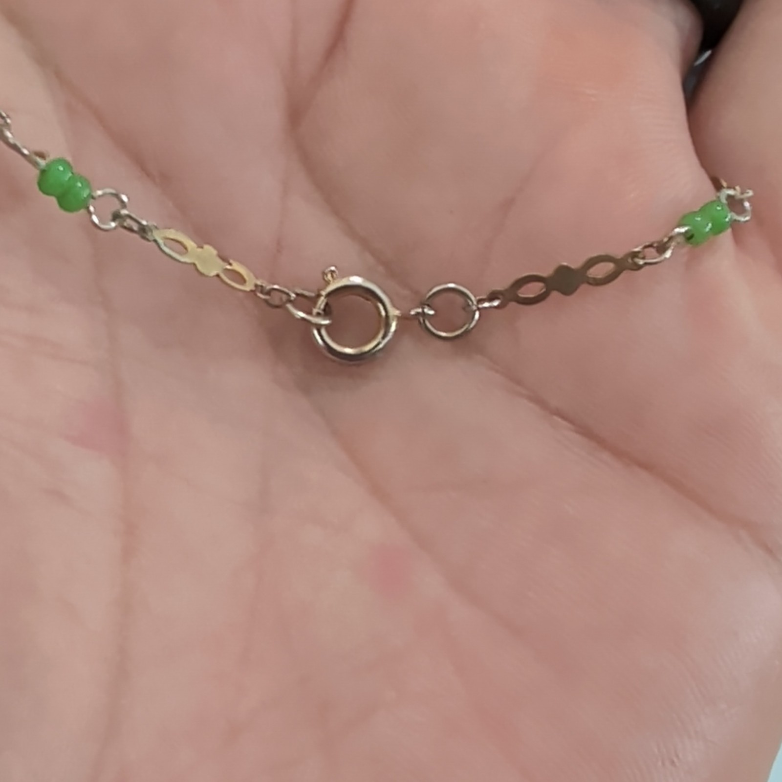 Gold Tone Cable Chain Necklace Green Rondelle Beads Spring Ring Clasp