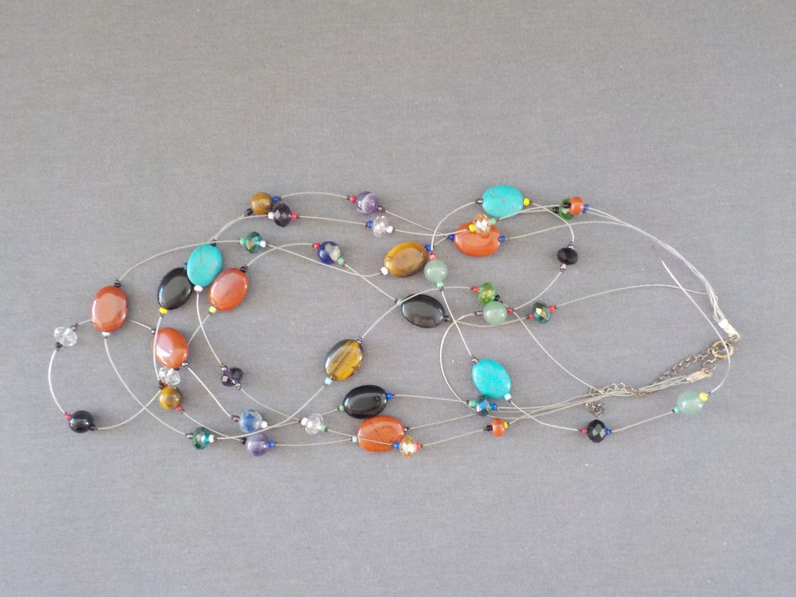 Necklace Silver Tone Metal Multi Strand Wire Stone Glass Oval Polished