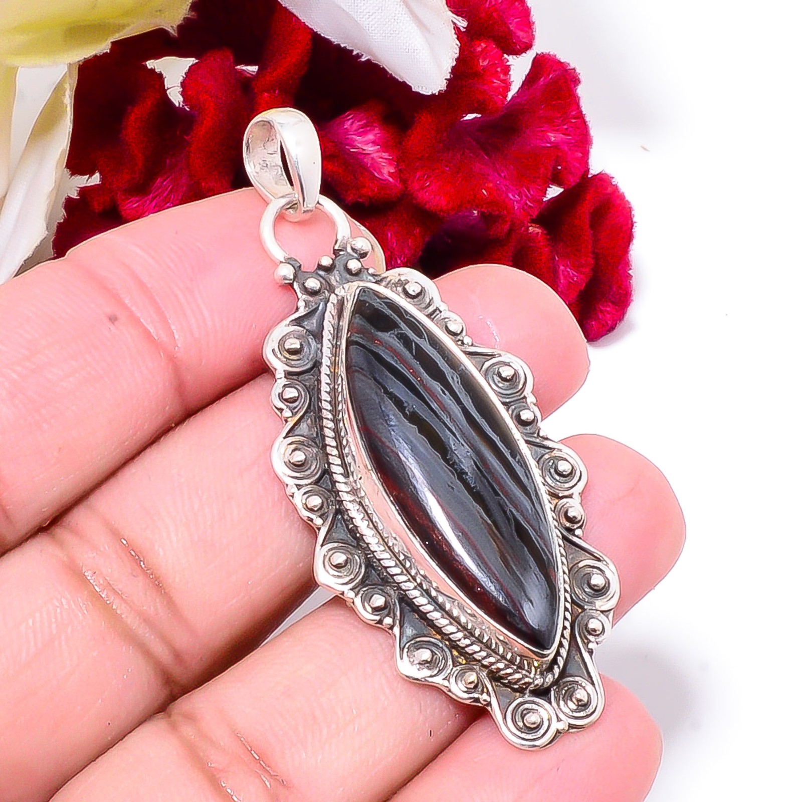Iron Tiger Eye 925 Sterling Silver Bali Pendant 2.34 Sk31, Christmas Gift