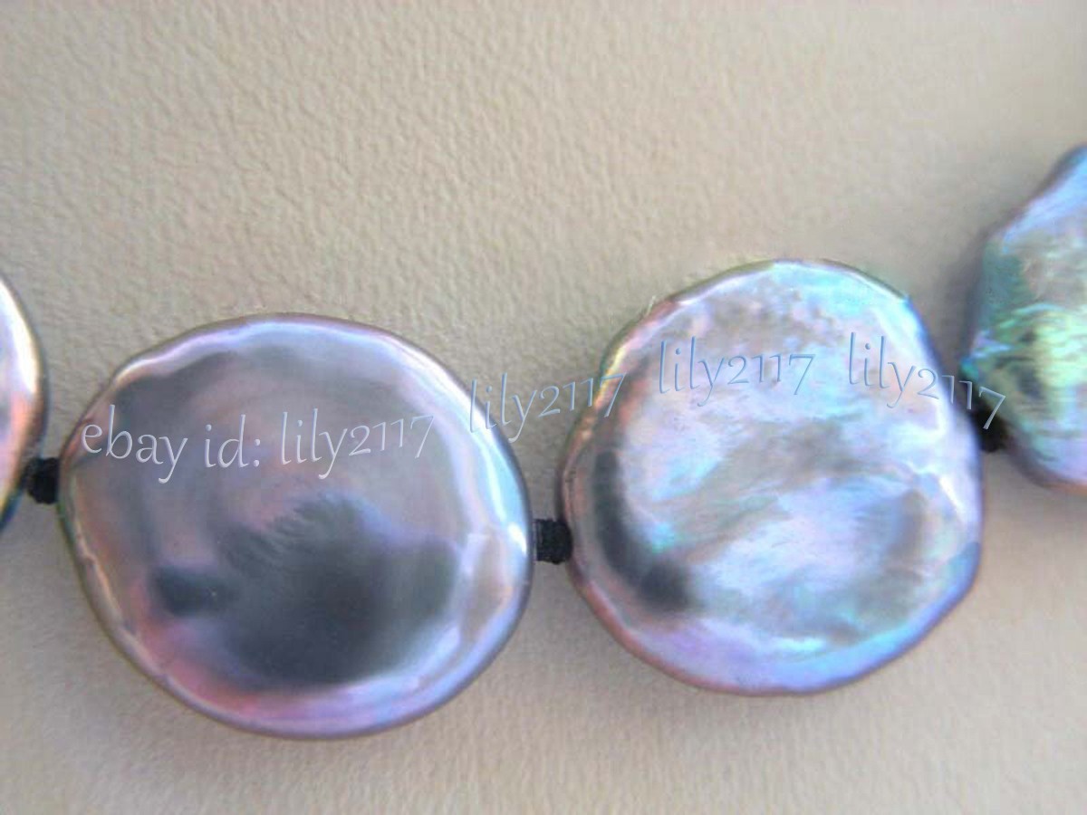 RARE LARGE 13-14MM NATURAL BLACK COIN SHAPE FRESHWATER PEARL NECKLACE 14-36inch