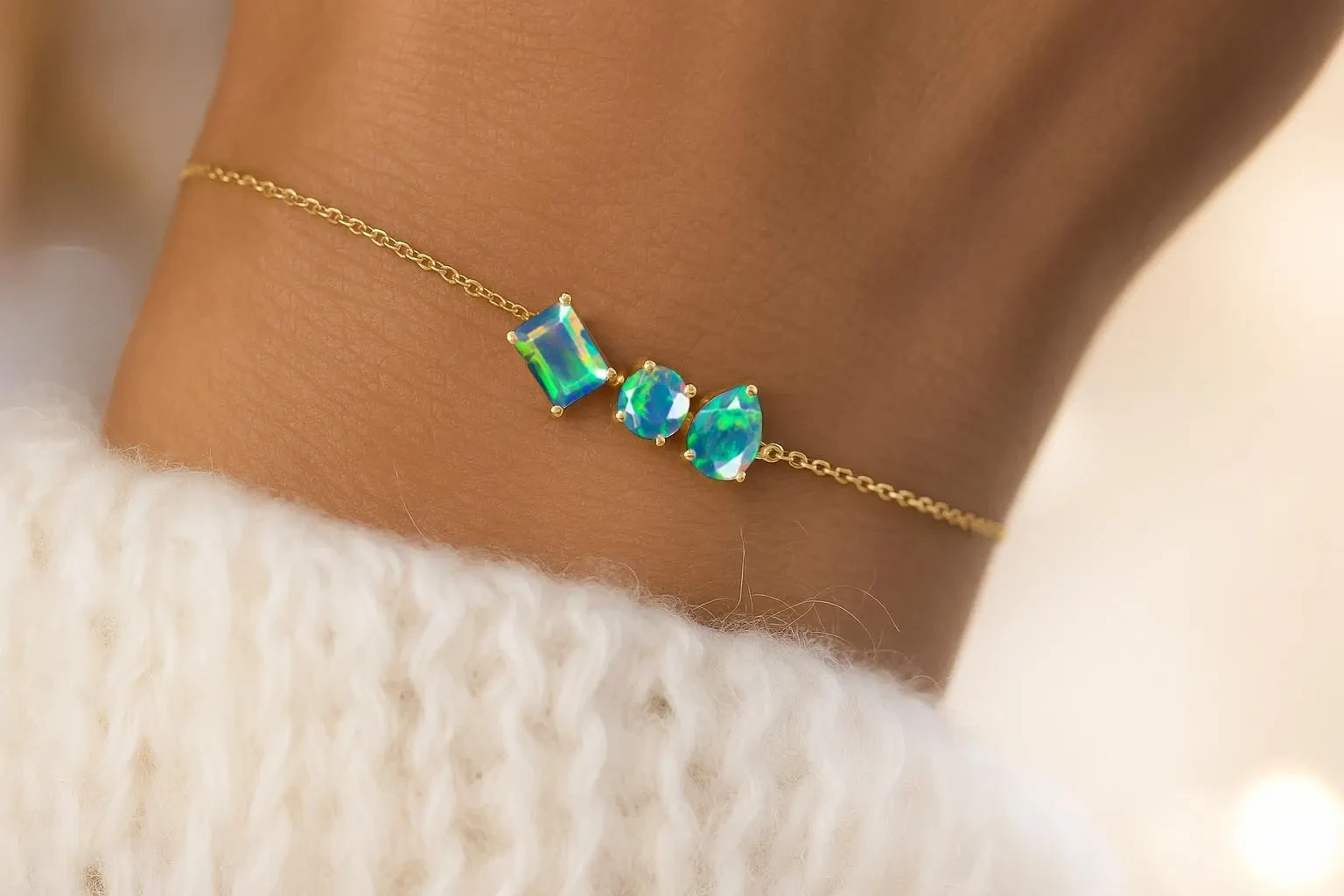 Fire Black Opal Three Stone Chain Bracelet – 925 Sterling Silver Chain Bracelet