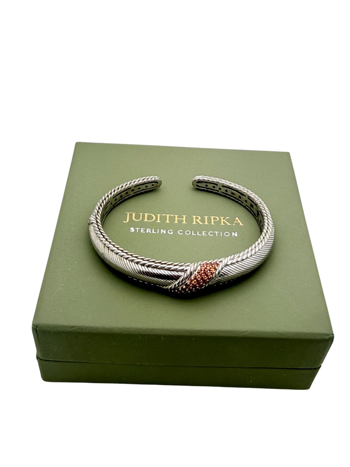Judith Ripka Sterling Silver Orange Citrine CZ Hinged 11mm Cuff Bangle Bracelet