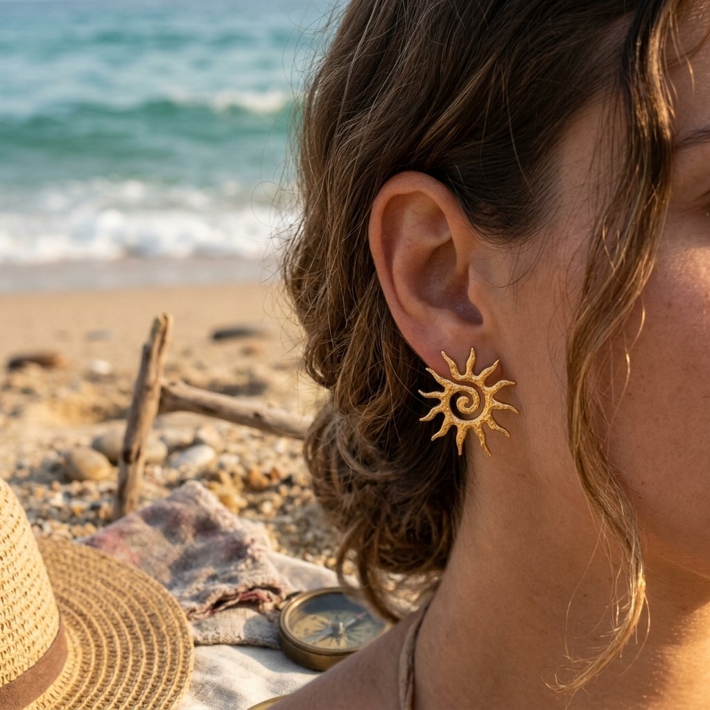 Elegant Gold Tone Sunburst Spiral Stud Earrings Boho Pierced Jewelry